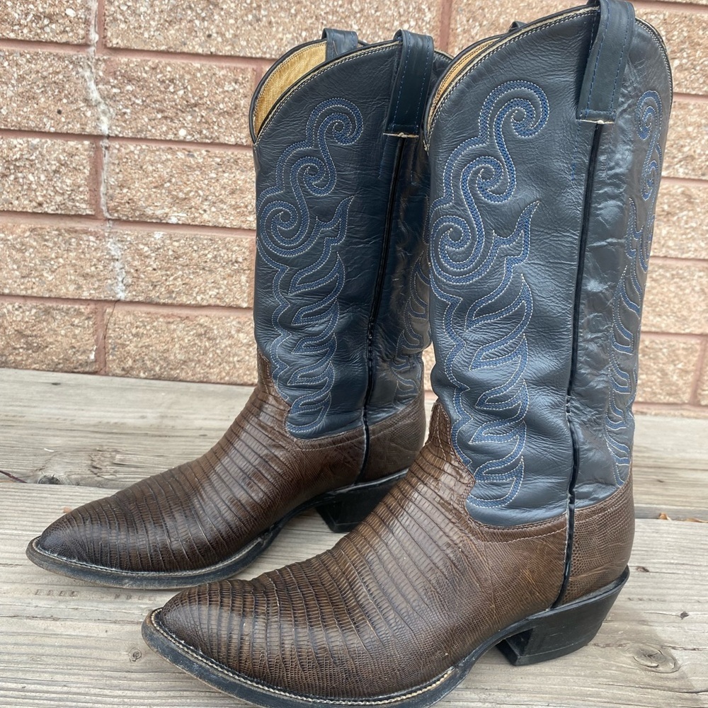 Exotic Leather Cowboy Boots Brown Lizard Vamp, Gray Shaft w/ Blue Stitching - Picture 3 of 7